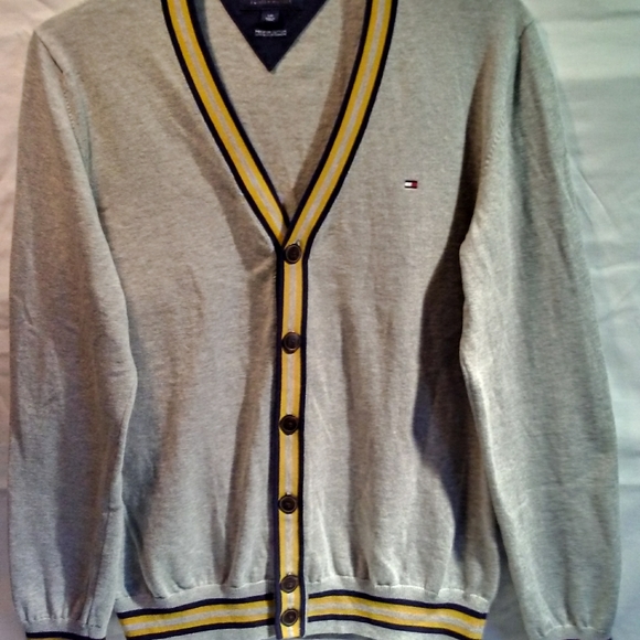 Tommy Hilfiger V-Neck Cardigan Men's Large Gray w/ Stripes Premium Cotton EUC - Picture 1 of 8
